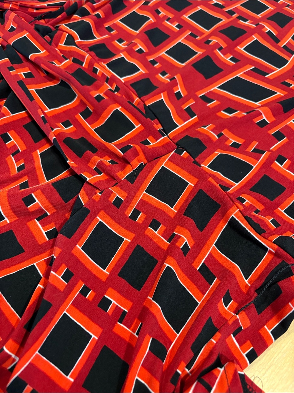 julie dillon ~ Wrap dress Rust Red Orange Black Geometric Casual Twirl Dress - Picture 3 of 5